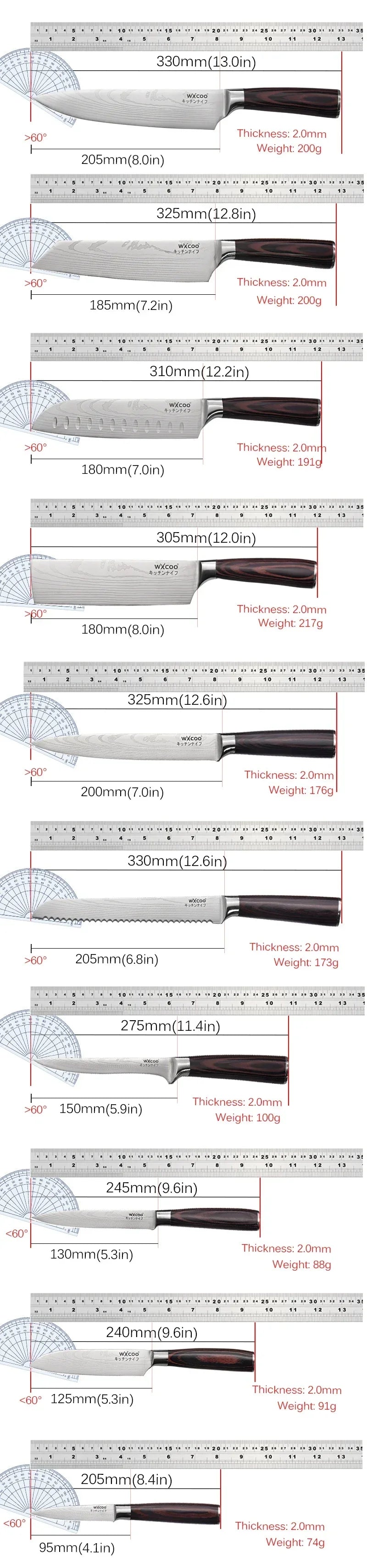 WXCOO Professional Chef Knife Damascus Japanese Stainless Steel Kitchen Boning Knives Set with Roll Canvas Bag
