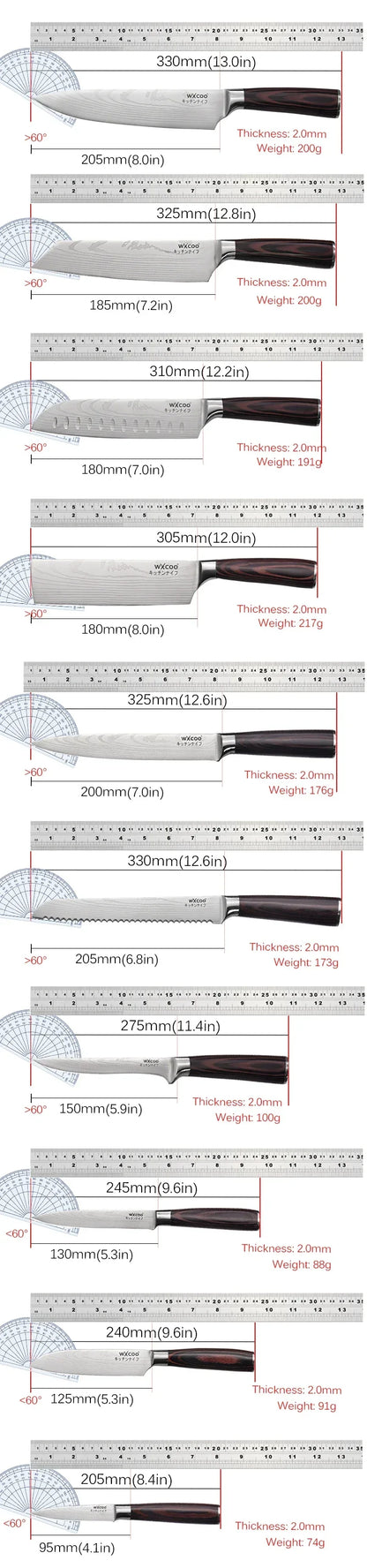WXCOO Professional Chef Knife Damascus Japanese Stainless Steel Kitchen Boning Knives Set with Roll Canvas Bag