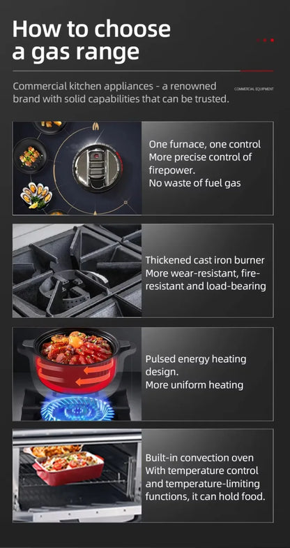Luxury Six-head Gas Commercial Vertical Pot Stove with Electric Oven, High-power Gas Stove for Hotels and Restaurants Customized