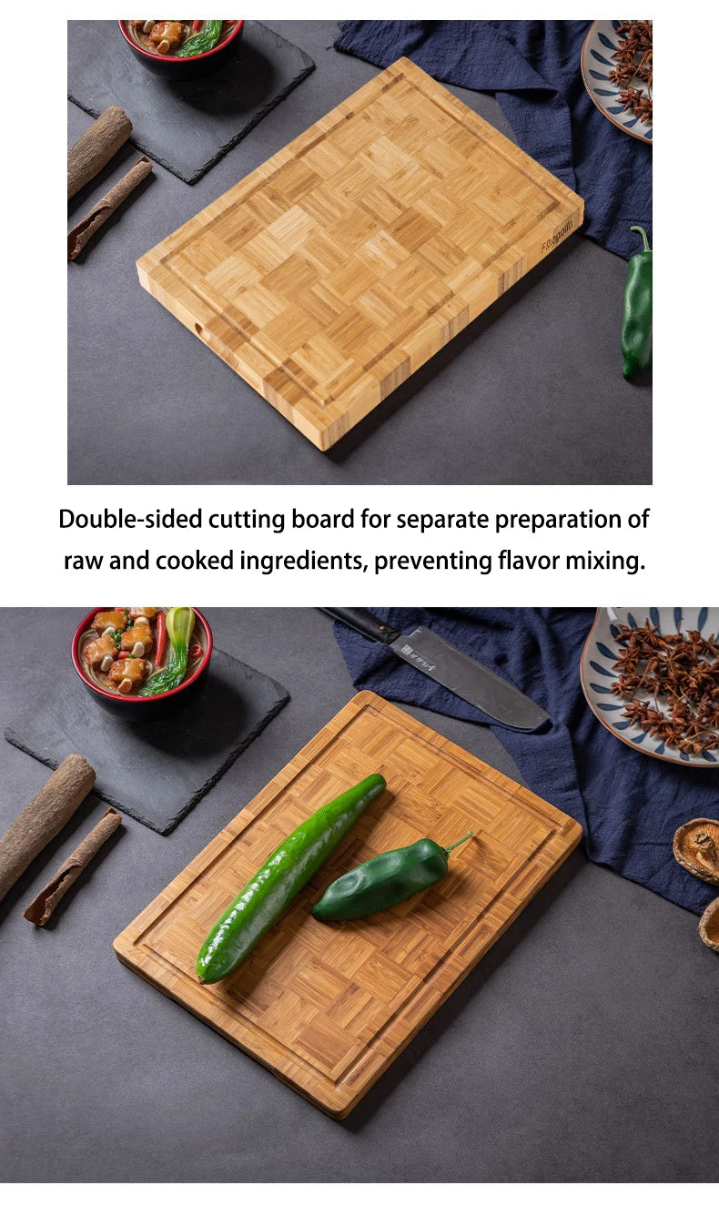 Checkerboard Moso Bamboo Cutting Board, Bamboo Chopping Board with Juice Groove & Hanging Carry Hole, Portable Fruit Vegetable