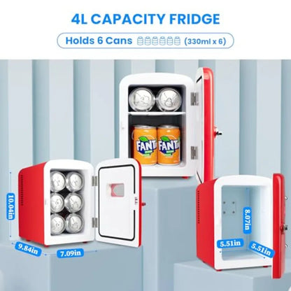Portable Mini Fridge, 4 Liter 6 Can Cooler and Warmer Compact Refrigerators, with Observation Window, 100% Freon-Free and Eco F