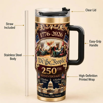 Patriotic US 250th Anniversary Travel Tumbler Stainless Steel Cup With Handle Lid Straw Commemorative Holiday Souvenir
