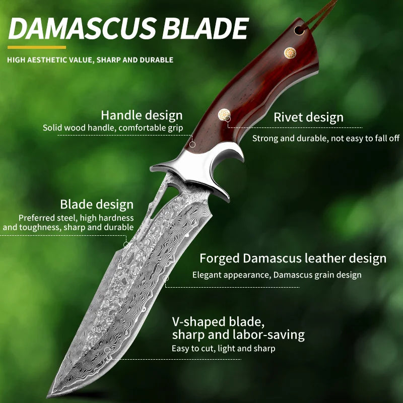 Damascus advanced straight knife, fixed blade, wooden handle and leather scabbard, easy to carry, fast cutting, loved by men