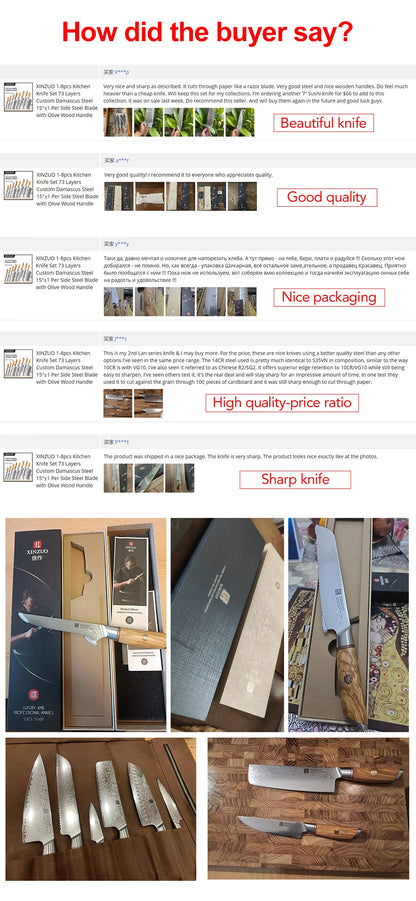 XINZUO 1-8pcs Kitchen Knife Set 73 Layers Custom Damascus Steel 15°±1 Per Side Steel Blade with Olive Wood Handle