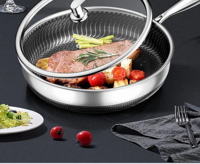 German 316L Stainless Steel Pan Honeycomb flat bottom Non-stick Skillet Frying Uncoated Induction Cooker Gas General Purpose