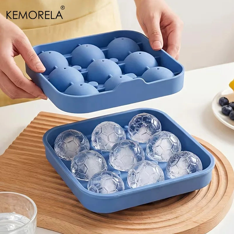 9-Hole Silicone Soccer Ball Cube of Ice Tray with Lid Round Ice Ball Mold for Whiskey for Home Bars And Sports-Themed Parties