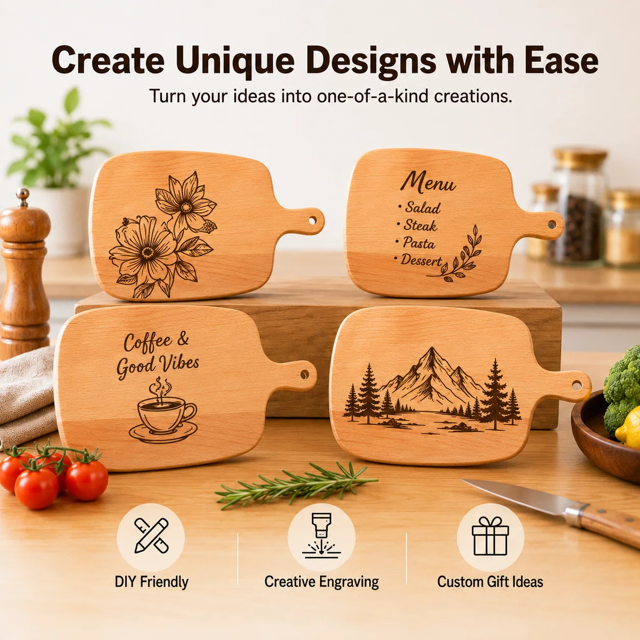 1PCS Beech Wood Cutting Board Blank for Laser Engraving, DIY Personalized Serving Board with Handle, Hardwood Craft Material
