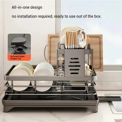 Adjustable Stainless Steel Dish Drying Rack with Drain Board – Over-Sink Plate Holder & Kitchen Storage Organizer