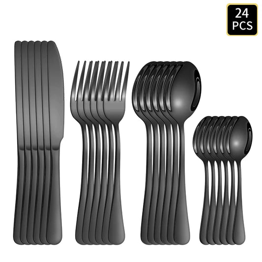 4/6/16/24pcs Black stainless steel cutlery 1010 round handle knife, fork and spoon cutlery set suitable for home and hotel