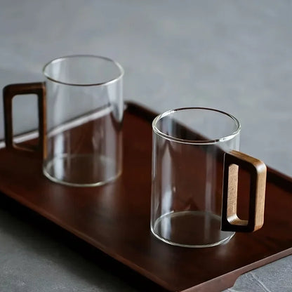 1/2pcs 400ml Glass Cups with Walnut Handle Household Heat-resistant Mug Large Capacity Tea Making Cup Office Drinking Glasses