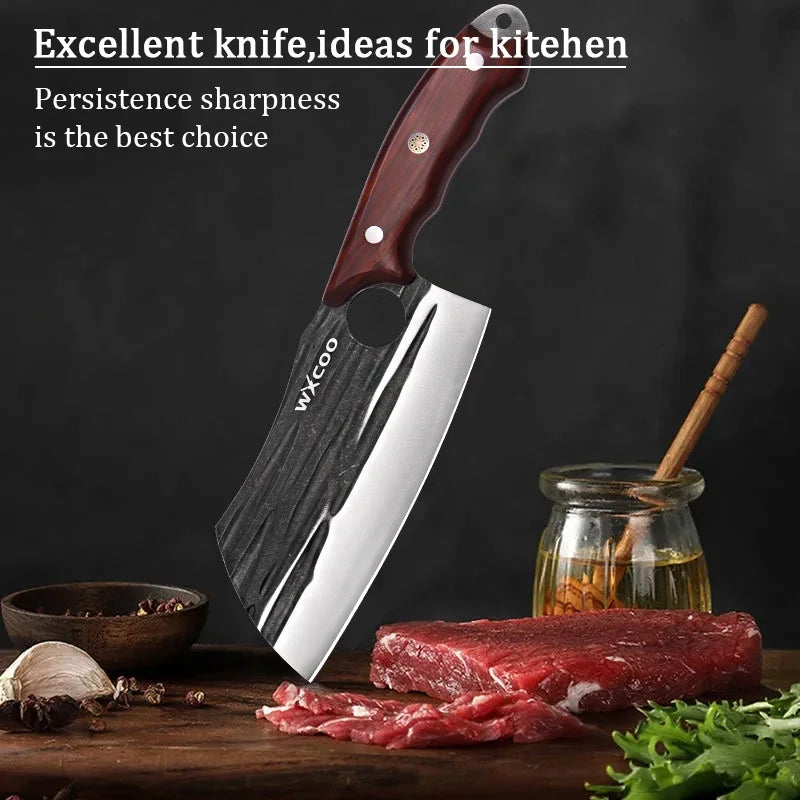 WXCOO Multifunctional Hand Forged Butcher Knife Kitchen Knife Durable Blade for BBQ Meat Cutting Boning Knife Wooden Handle