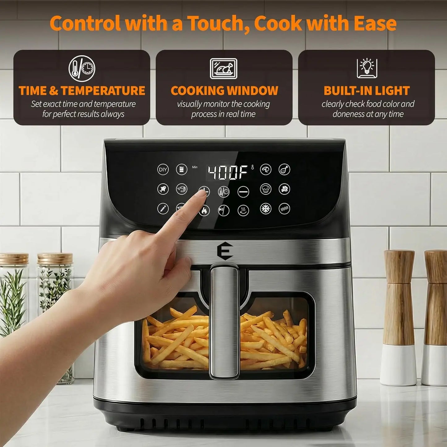 9.5Qt Large Air Fryer Oven, 12 Digital Presets, Non Toxic Stainless Steel, Viewing Window, XL Basket for Family