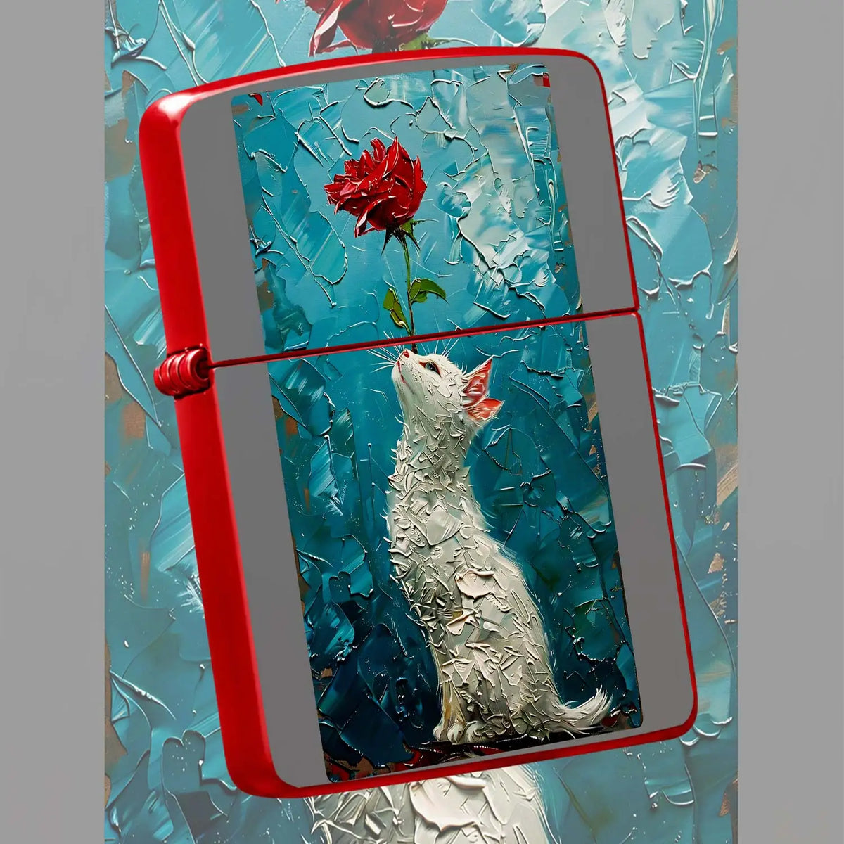 Creative Impasto Style White Cat With Red Rose Pattern Lighter, Exquisite Artistic Portable Daily Companion, Trendy Aesthetic Versatile Item For Home Display, Travel Carry, Gifting To Friends And Family For All Occasion A Hum