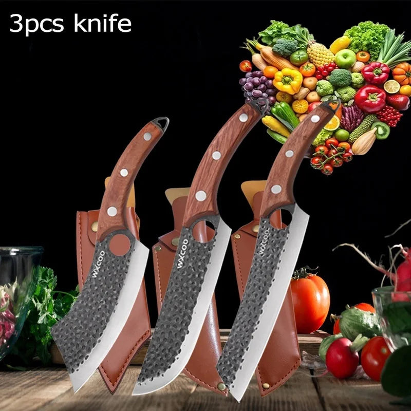 WXCOO 1~4pcs Kitchen Knife Set Stainless Steel Handmade Forged Meat Cleaver Boning Fruit Slicing Butcher Knife Cutting Board
