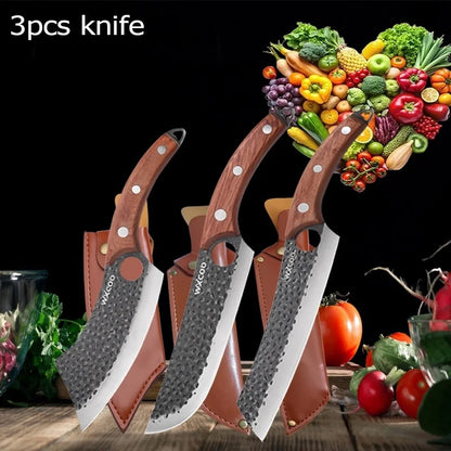 WXCOO 1~4pcs Kitchen Knife Set Stainless Steel Handmade Forged Meat Cleaver Boning Fruit Slicing Butcher Knife Cutting Board