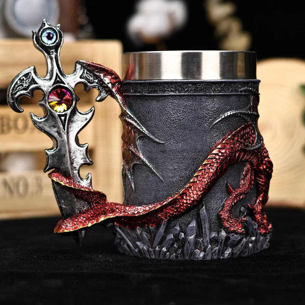 Medieval Dragon Sword Coffee Mug Stainless Steel Resin Insert Beer Mugs Steins Tankard Dragon Themed Party Decor Friends Gift