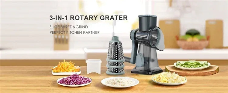 Vegetable Cutter & Slicer Manual Kitchen Cheese Chopper Machine With 3 Sharp Drums Multifunctional Garlic Potato Shredder