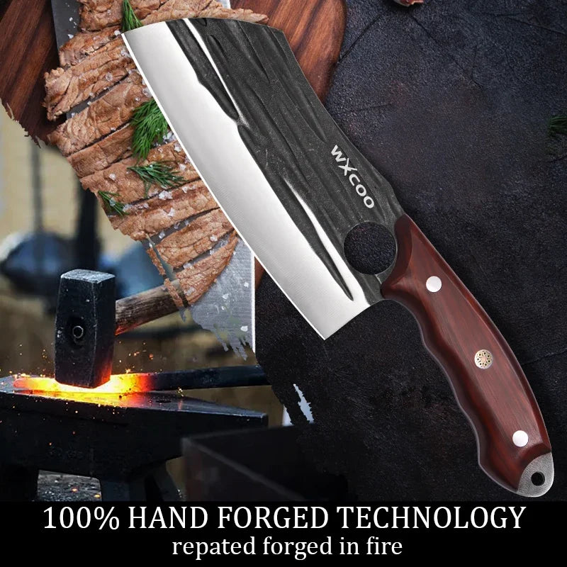 WXCOO Multifunctional Hand Forged Butcher Knife Kitchen Knife Durable Blade for BBQ Meat Cutting Boning Knife Wooden Handle