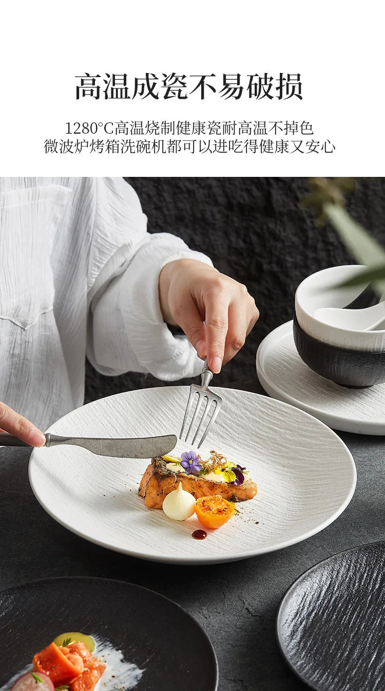 Black and white ceramic tableware, plates, plates, household eating bowls, soup bowls, high-end luxury Japanese tableware sets.