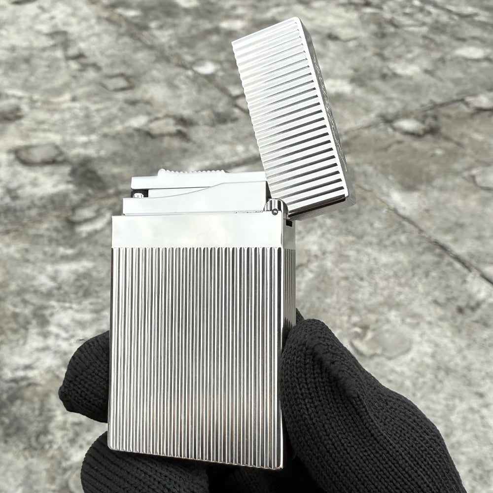 Brass Vertical Pattern Gas Lighter, Ping Sound Soft Flame Refillable Butane Vintage Lighter for Men Cigarette Cigar
