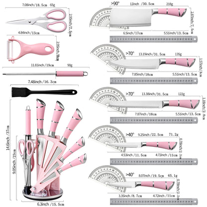 9-Piece Set Stainless Steel Kitchen Knives - with Storage Rack - Ultra-sharp Chef's Knife for Home Cooking Essentials Pink/White