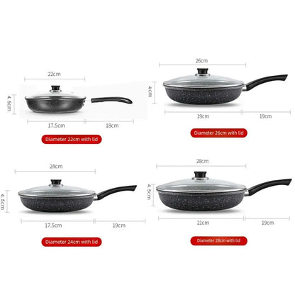 22/24/26/28cm Steak Frying Pan with Glass Lid Stone Skillet Cookware Muliti-Purpose NonStick Kitchen Cooking Tools