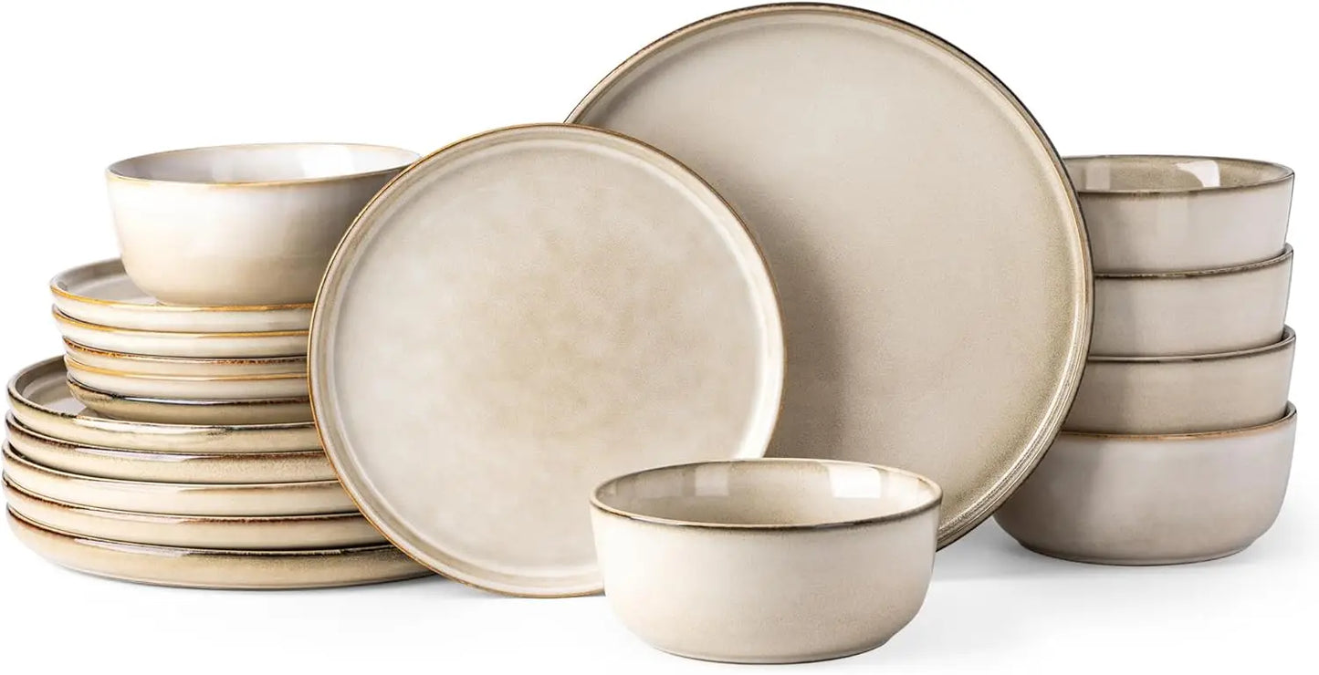Ceramic Dinnerware Sets for 6, 18 Pieces Stoneware Plates and Bowls Sets, Scratch Resistant Dishes Reactive Glaze-Cappuccino