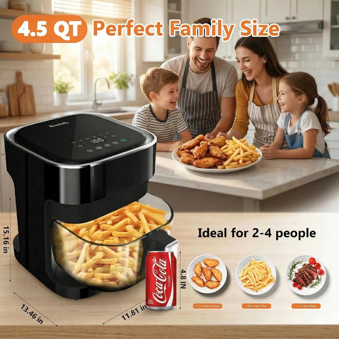 4.5 Qt Glass Air Fryer, Borosilicate Basket, Stainless Steel Tray, 8 Presets, Black