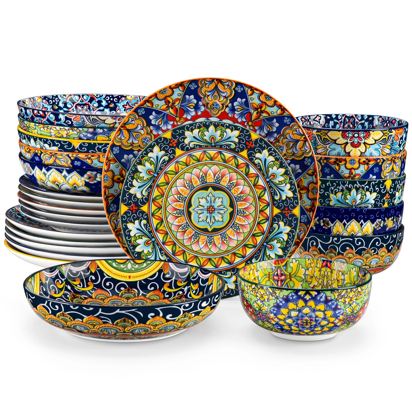 vancasso 24 Pcs Dinnerware Sets Bohemian Double Side Porcelain Ceramic Plates Set with 6PCS Dinner Plate/Dessert Plate/Soup/Bowl