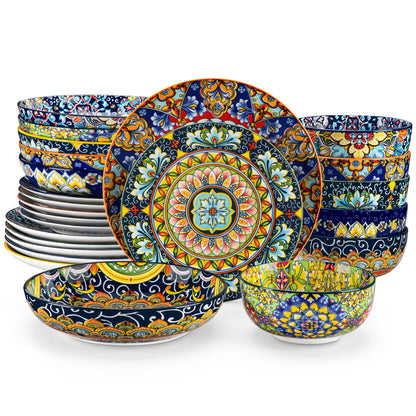 vancasso 24 Pcs Dinnerware Sets Bohemian Double Side Porcelain Ceramic Plates Set with 6PCS Dinner Plate/Dessert Plate/Soup/Bowl