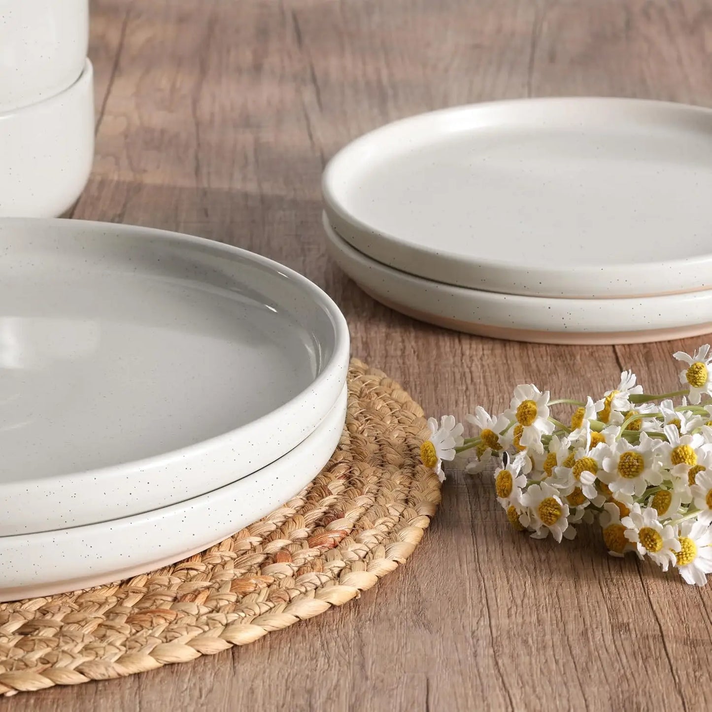 Stoneware Dinnerware Sets, 12-Piece Plates and Bowls Set for 4, Dishes Set for Home Restaurant, Speckled Milky White
