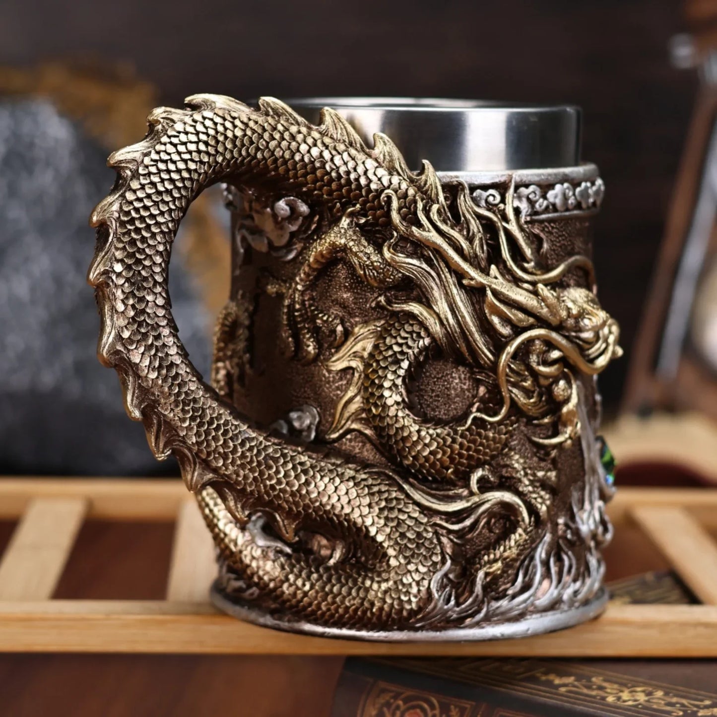 600ML Golden Copper Dragon Beer Resin Tankard 304 Stainless Steel  Medieval Tea Cup Coffee Beer Mug Copper Color New Party Bar