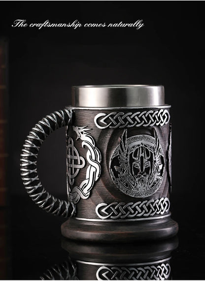 Viking Wood Style Beer Mug 3D Resin Stainless Steel Coffee Cup Wine Glass Metal Double Wall Mug Beer Jug Cup Thermal