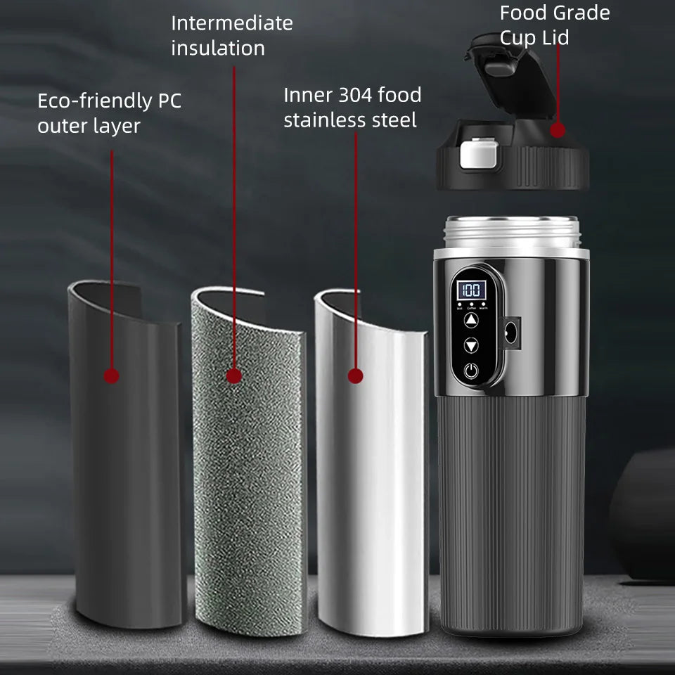 Yanace Smart Car Kettle 12V/24V Portable Electric Heating Cup with Digital Display Camping Office 500ml Capacity Black Design