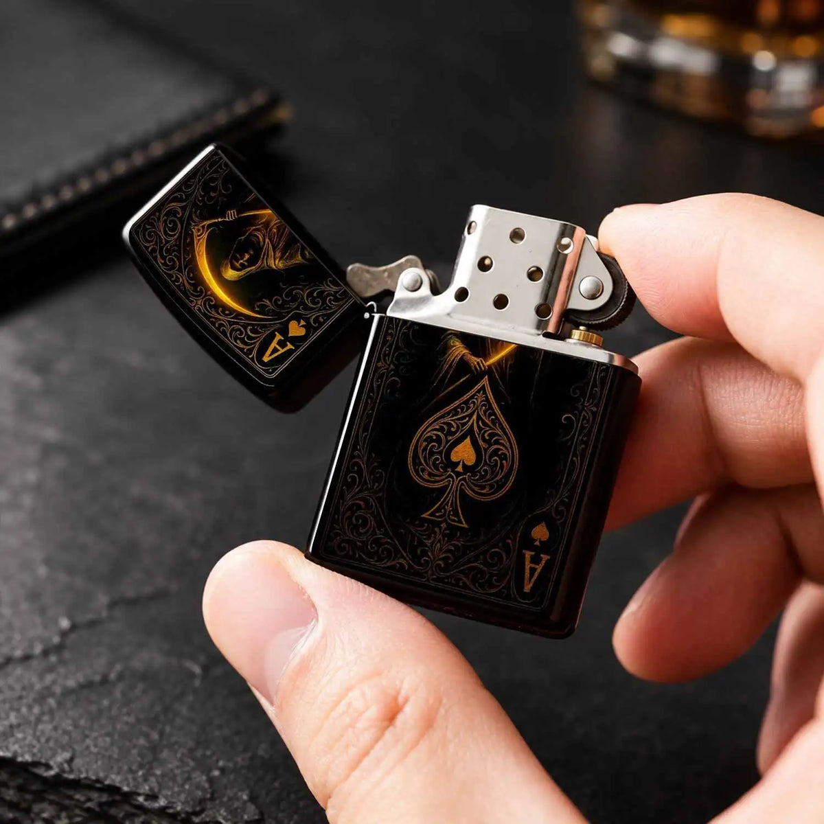 Retro Grim Reaper Ace Of Spades Themed Lighter, Exquisite Gold Foil Engraved Art Stylish Accessory, Portable Versatile Daily Use Ignition Tool, Unique Creative Present For Party Travel Gatherings All Scenarios A Humorous And