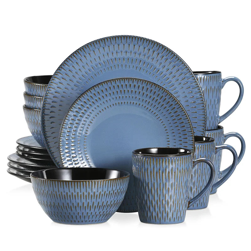16Piece Blue Embossed Stoneware Tableware Set with Dinner/Dessert Plate/Soup Bowl/Mug Service for 4 Ceramic Tableware Set