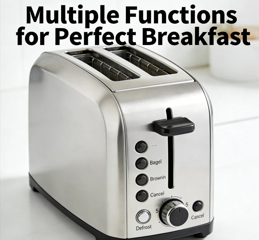2 Slice Stainless Steel Toaster 1.5" Wide Slot 5 Browning Settings Bagel Defrost Cancel Function