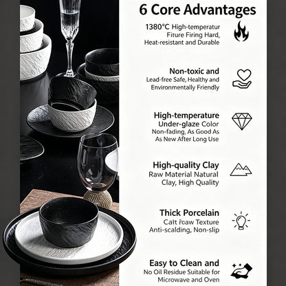Tableware Set Black And White Rock Slab 8/16/34/55pcs Ceramics Dish Sets Full Set Luxury Dinnerware Set For 2/4/6/8/10 Persons