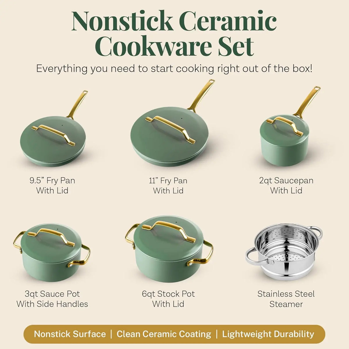 11 Pc Ceramic Cookware Set with Nonstick Coating, Induction Ready Pots and Pans with Steamer