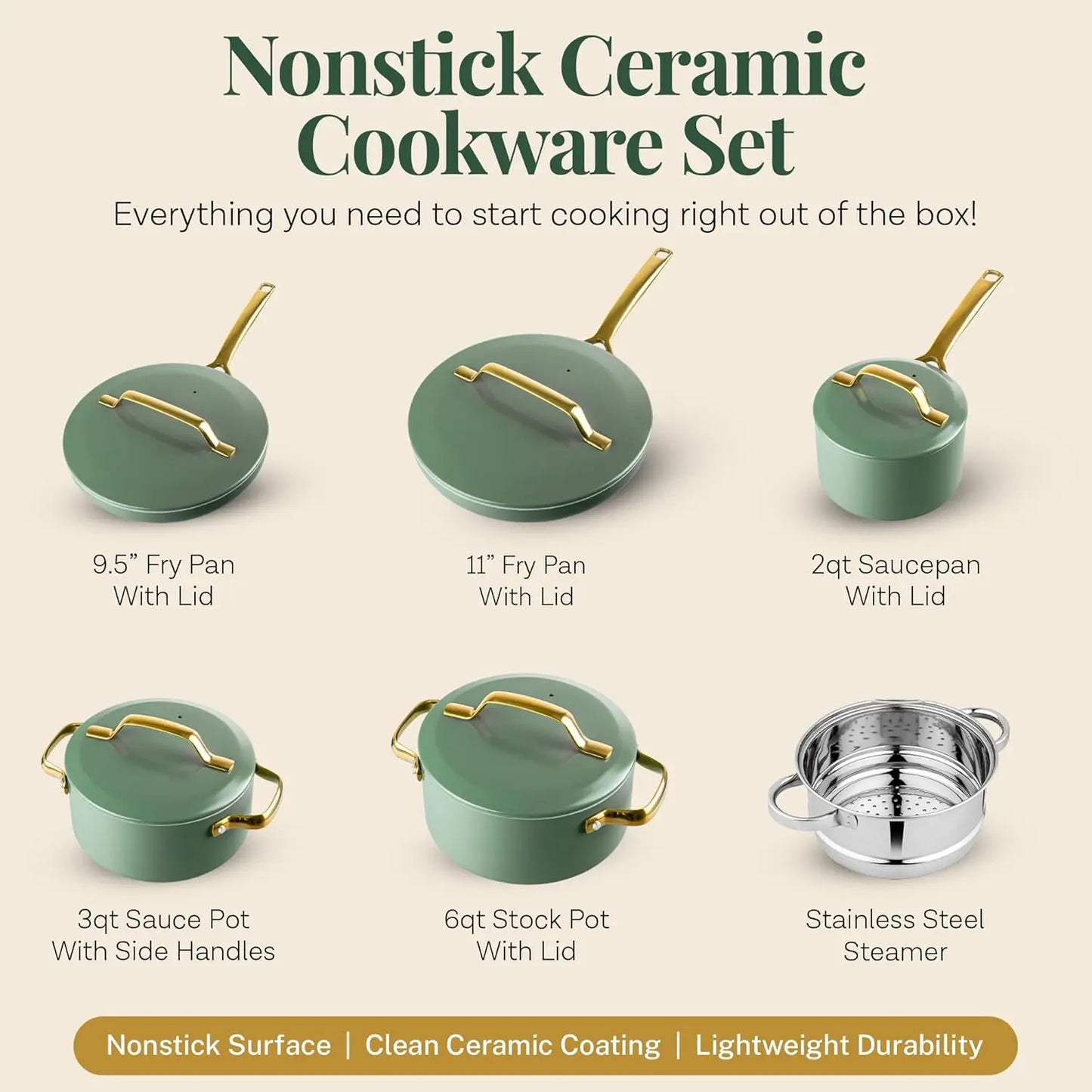 11 Pc Ceramic Cookware Set with Nonstick Coating, Induction Ready Pots and Pans with Steamer