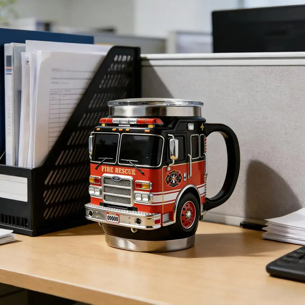 Fire Rescue Coffee Mug, Retro 3D Fire Truck Coffee Mug, Personalized Stainless Steel Wall Insulation Mug New Year Gifts for Mens