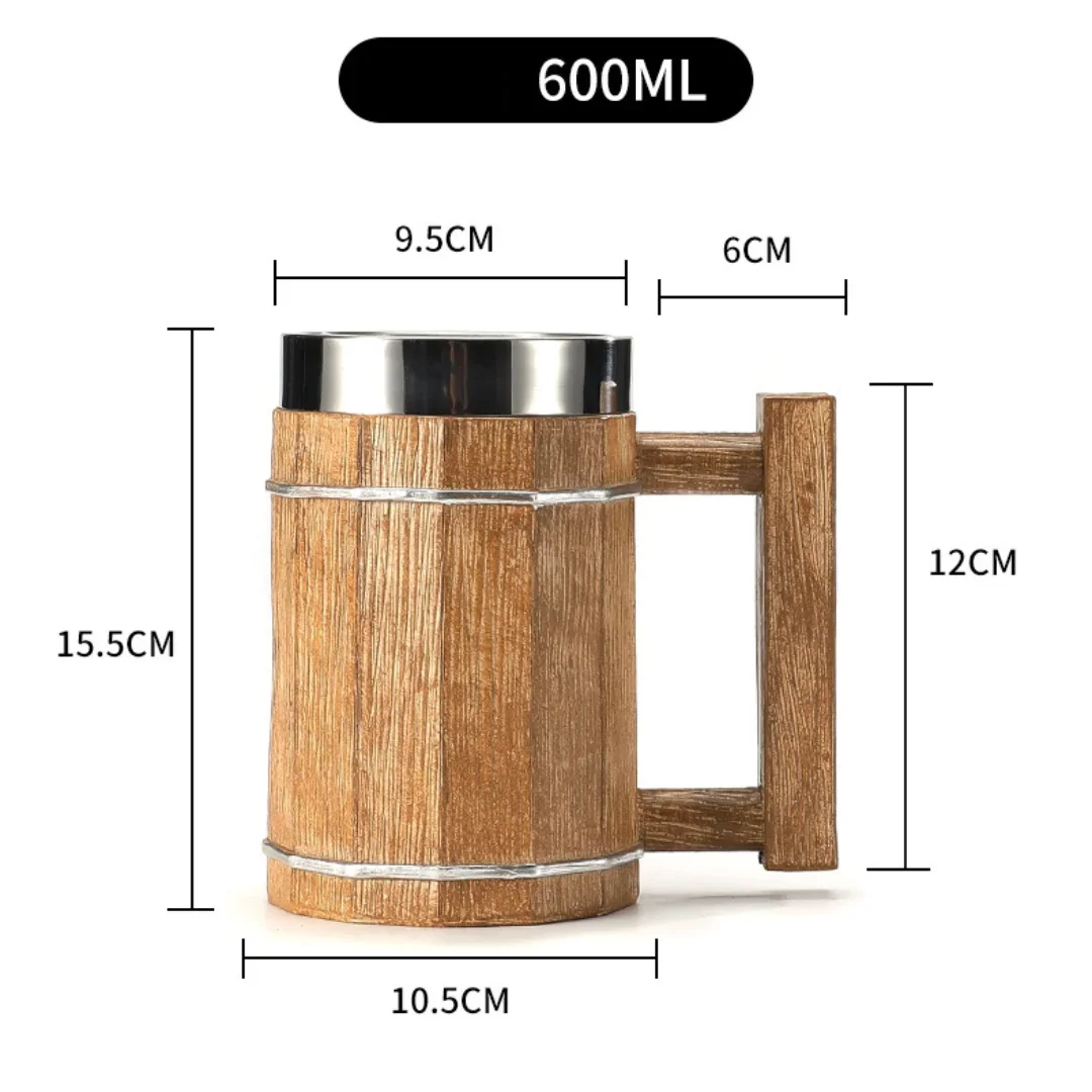 Viking Wood Style Beer Mug 3D Resin Stainless Steel Coffee Cup Wine Glass Metal Double Wall Mug Beer Jug Cup Thermal