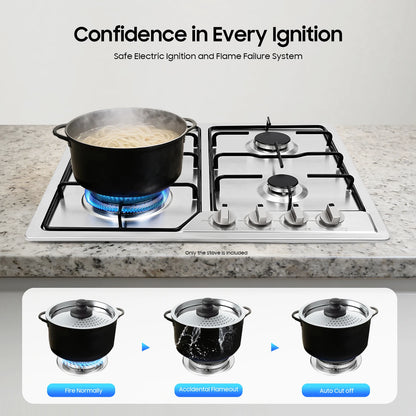 4 Burners Stainless Steel Gas Stove,  22″x20″ Built-In Natural Gas Cooktop  Gas Stove Top with Sealed Burner, Pulsed Ignition, Thermocouple Protection