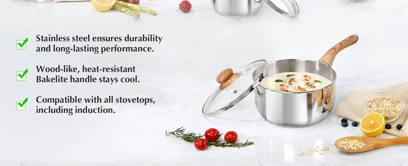 KOCH SYSTEME CS Stainless Steel Saucepan 1QT/2QT/3QT Milk Pot Stewpot with Heat-resistant Bakelite Handle Sauce Pans Induction