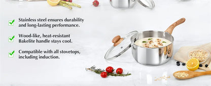 KOCH SYSTEME CS Stainless Steel Saucepan 1QT/2QT/3QT Milk Pot Stewpot with Heat-resistant Bakelite Handle Sauce Pans Induction