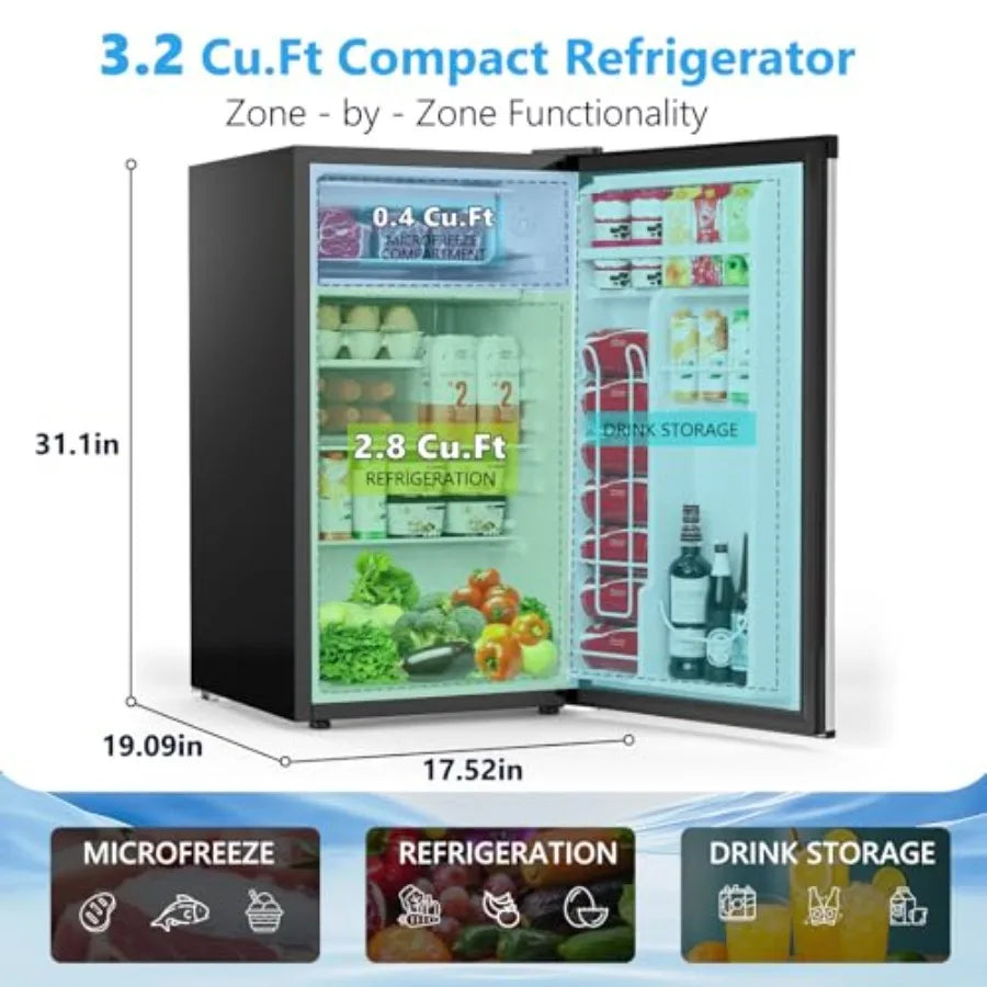 Dorm fridge with freezer: 3.2 cu.ft silver compact refrigerator for bedroom, office, kitchen, dorm; reversible door, adjustable