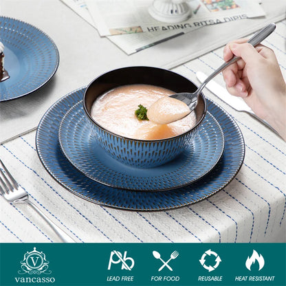 16Piece Blue Embossed Stoneware Tableware Set with Dinner/Dessert Plate/Soup Bowl/Mug Service for 4 Ceramic Tableware Set