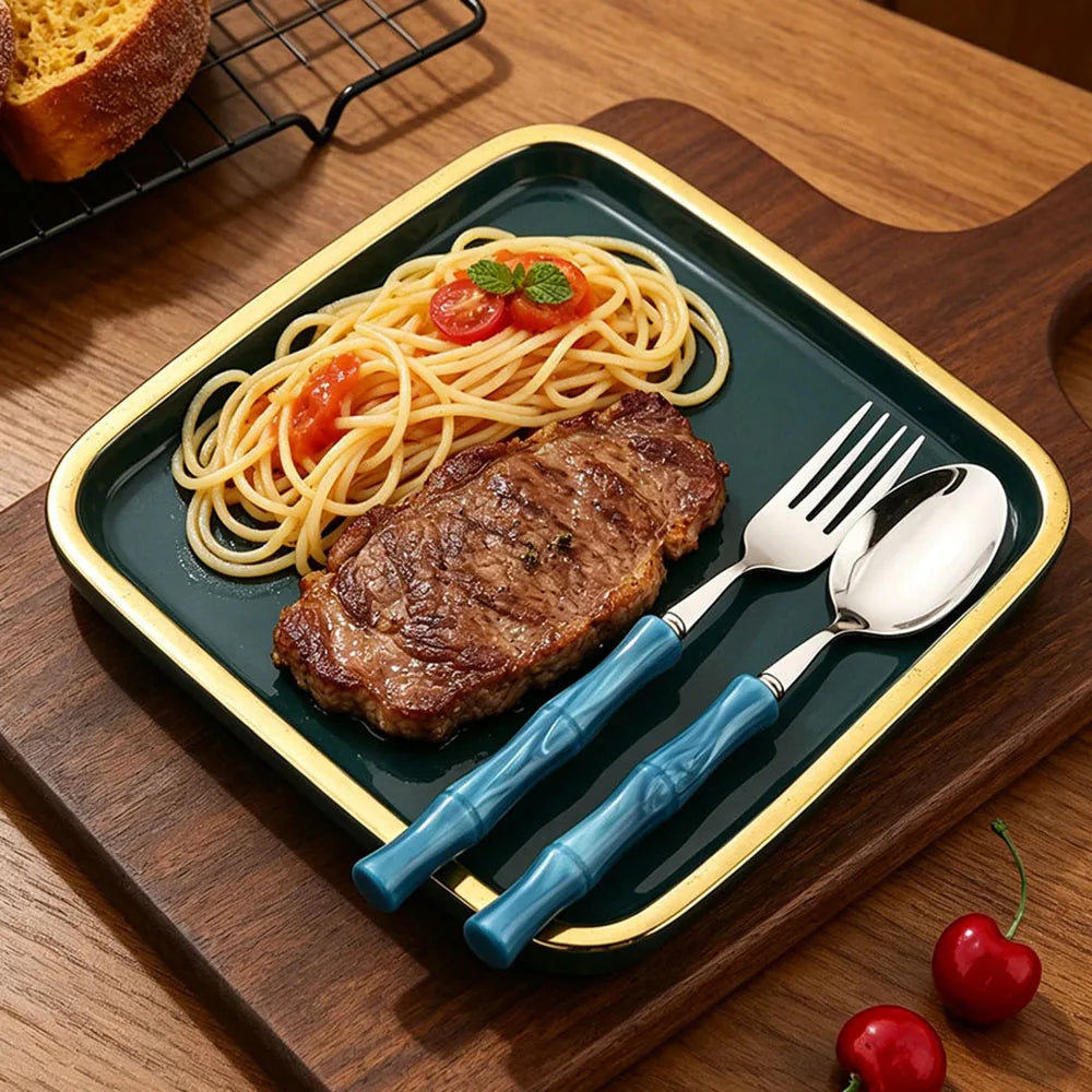 5Pcs/Set Imitation Bamboo Handle Cutlery Set Knife Cake Fork Spoon Dinnerware Stainless Steel Flatware Kitchen Tableware Set