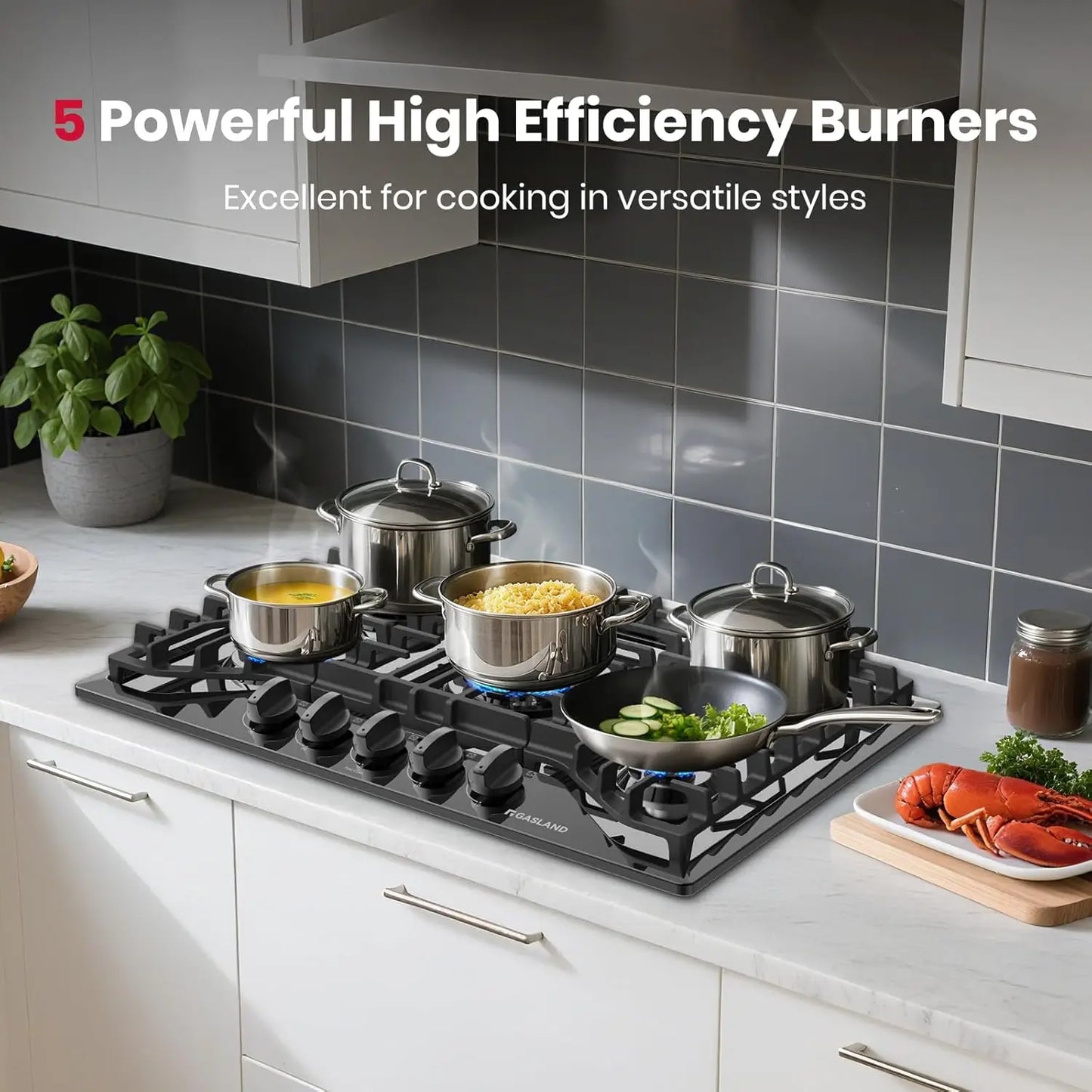 30-Inch Gas Cooktop with 5 Burners, Reversible Griddle, NG/LPG Convertible, CSA Certified, Black