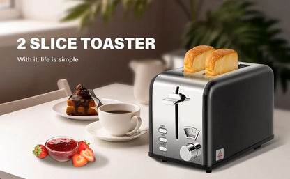 2 Slice Stainless Steel Toaster 1.5" Wide Slot 5 Browning Settings Bagel Defrost Cancel Function